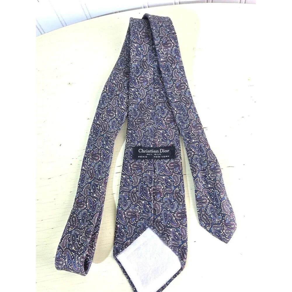 Christian Dior Silk Tie Blue Paisley Pattern Paris New York Designer Necktie